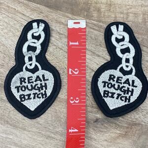 RTB Real Tough Babe Chain Heart Patches Biker Babe Coat Iron On Bling BLACK